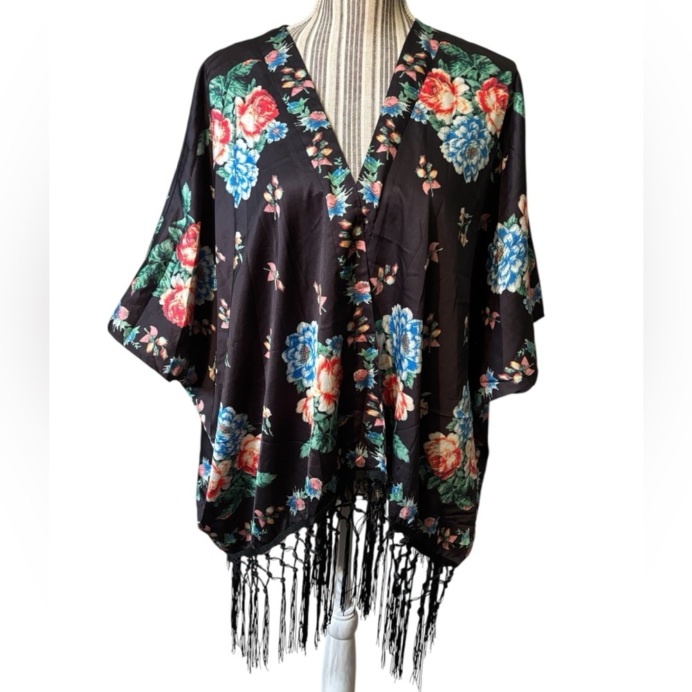 Flying Tomato Open Kimono Small/Medium Black Colorful Floral Fringe Flowy Boho